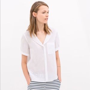 Zara White Stripes Pocket Popover Shirt Blouse